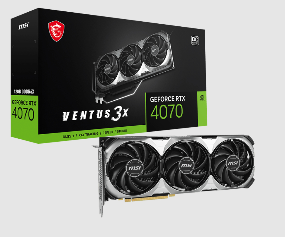  nVIDIA GeForce RTX 4070 VENTUS 3X E 12G OC<br>Boost Mode: 2505 MHz, 1x HDMI/ 3x DP, Max Resolution: 7680 x 4320, 1x 8-Pin Connector, Recommended: 650W  